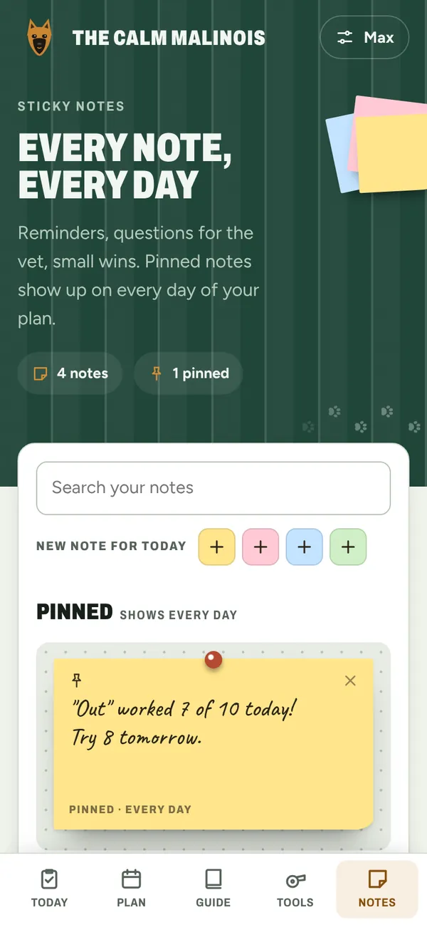 Sticky notes, with a pinned note that reads Out worked 7 of 10 today